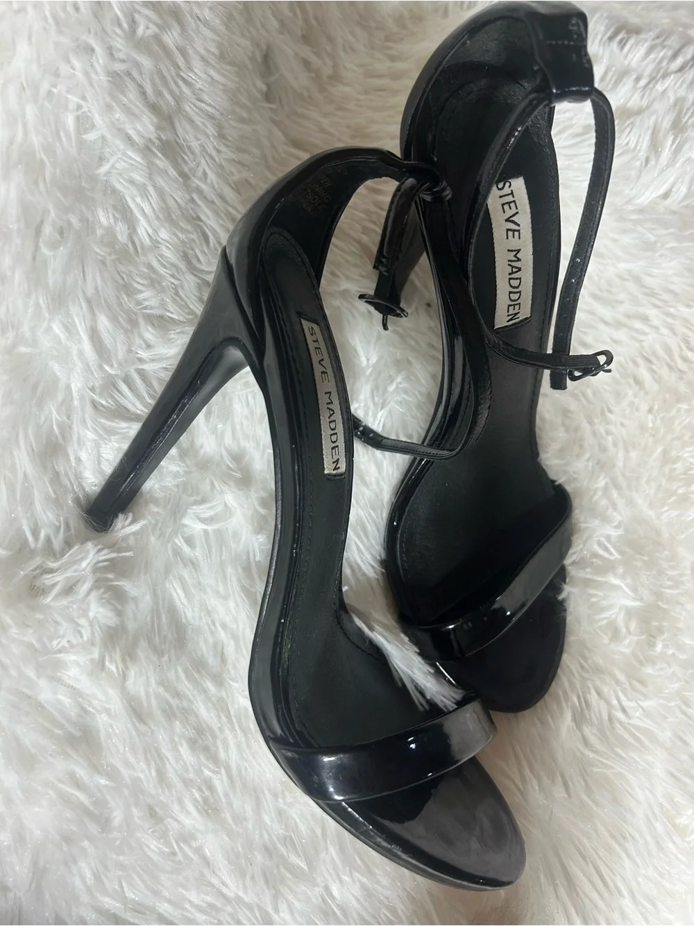 Steve Madden Black Patent Open-Toe Ankle Strap Stilettos